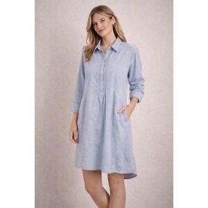 Garnet Hill Blue Chambray Pintuck Shirt Dress Women Size 10 High Low Pockets